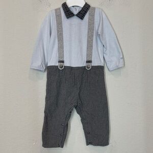 Jean Bourget Baby Boy Combi Size 12M Blue Gray Long Sleeve Romper Elbow Patches